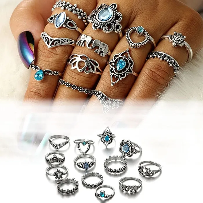 Earrings Yellow Chimes Yellow Chimes Knuckle Rings for Women 13 Pcs Combo Vintage Style Midi Finger Silver Oxidised Knuckle Rings Set for Women and Girls