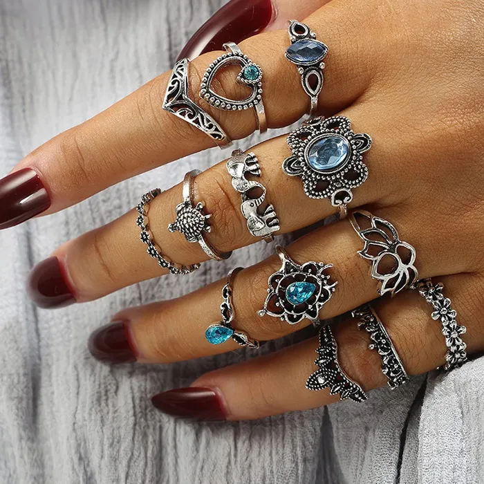 Earrings Yellow Chimes Yellow Chimes Knuckle Rings for Women 13 Pcs Combo Vintage Style Midi Finger Silver Oxidised Knuckle Rings Set for Women and Girls