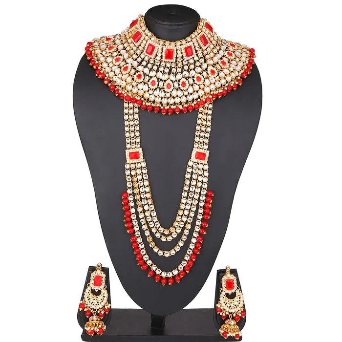 Earrings Yellow Chimes Yellow Chimes Kundan Indian Traditional Red Pearl Multilayer Dulhan Bridal Necklace set Necklace Jewellery Set For Women Girls RedGold