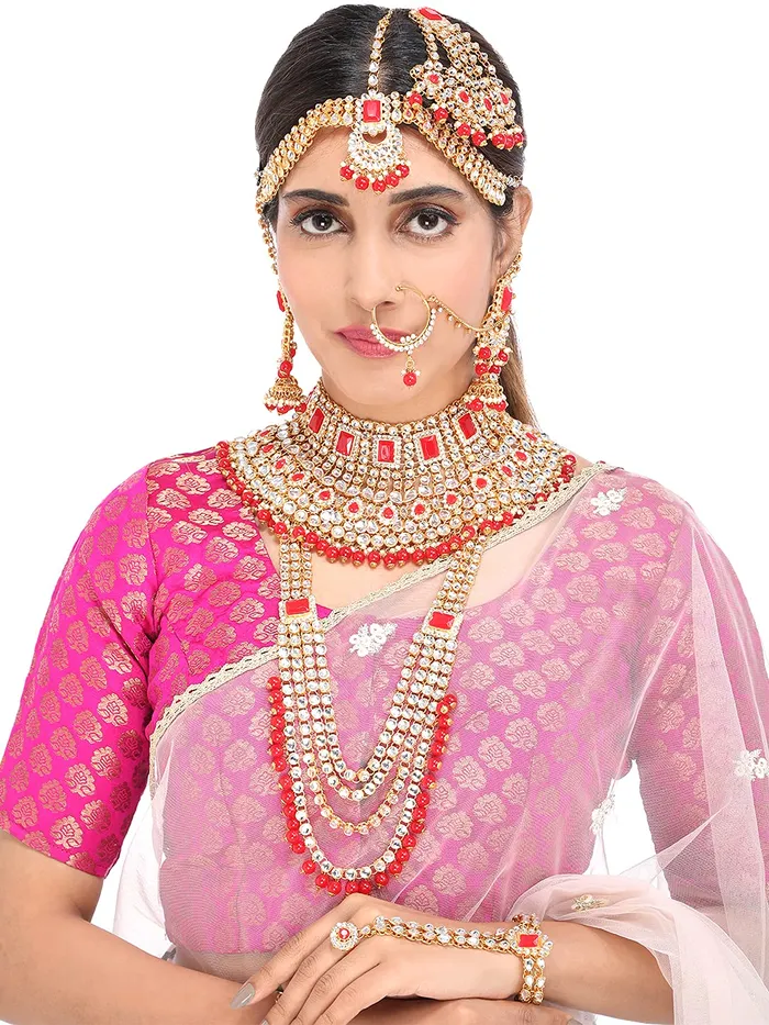 Earrings Yellow Chimes Yellow Chimes Kundan Indian Traditional Red Pearl Multilayer Dulhan Bridal Necklace set Necklace Jewellery Set For Women Girls RedGold