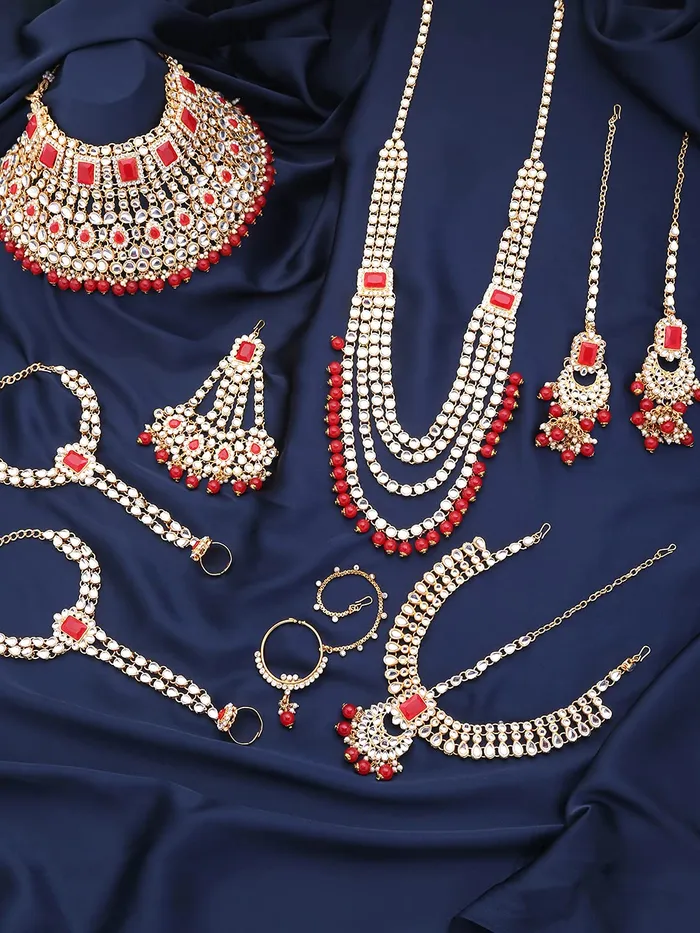 Earrings Yellow Chimes Yellow Chimes Kundan Indian Traditional Red Pearl Multilayer Dulhan Bridal Necklace set Necklace Jewellery Set For Women Girls RedGold