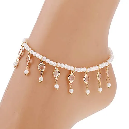 Earrings Yellow Chimes Yellow Chimes Latest Fashion Crystal Tassels Peal String 2 PC Stretchable Anklet for Women and Girls