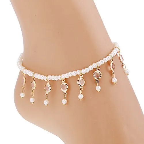 Earrings Yellow Chimes Yellow Chimes Latest Fashion Crystal Tassels Peal String 2 PC Stretchable Anklet for Women and Girls