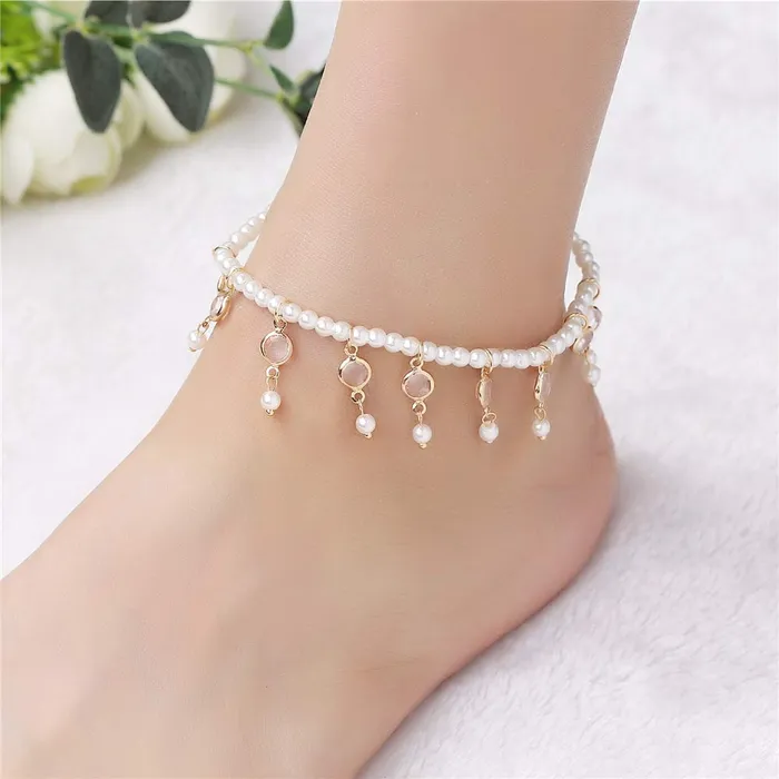 Earrings Yellow Chimes Yellow Chimes Latest Fashion Crystal Tassels Peal String 2 PC Stretchable Anklet for Women and Girls