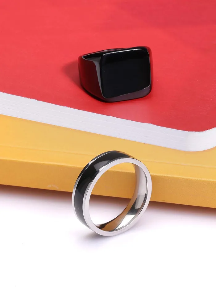 Earrings Yellow Chimes Yellow Chimes Rings for Men Combo of 2 PCS Ring Rock Cool Casual Sport Noble Black Band Stainless Steel Rings for Men and Boys