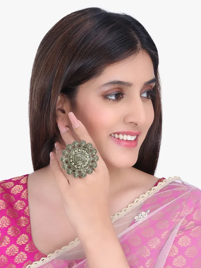 Earrings Yellow Chimes Yellow Chimes Rings for Women Artistic Crafted Oxidised Gold Plated Traditional Adjustable Rings for Women and Girls