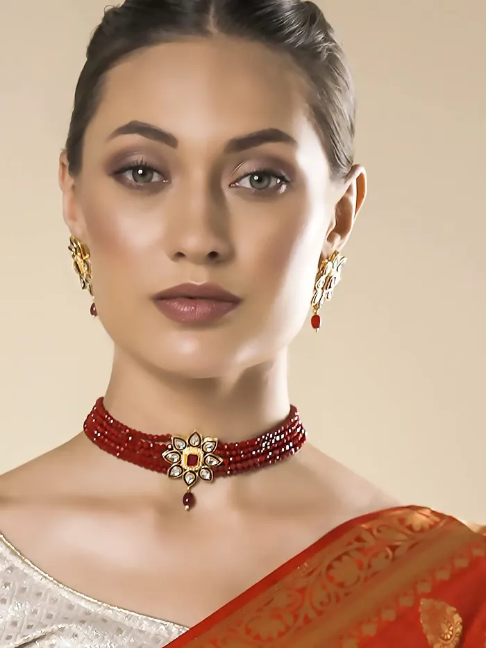 Earrings Yellow Chimes Yellow Chimes Traditional Jewellery Set for Women Ethnic Kundan Jewelry Set Gold Plated Multilayer Red Beads Choker Necklace Set for Women and Girls