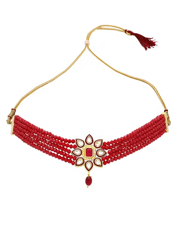 Earrings Yellow Chimes Yellow Chimes Traditional Jewellery Set for Women Ethnic Kundan Jewelry Set Gold Plated Multilayer Red Beads Choker Necklace Set for Women and Girls