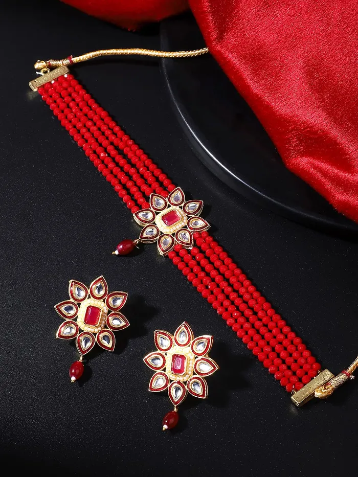 Earrings Yellow Chimes Yellow Chimes Traditional Jewellery Set for Women Ethnic Kundan Jewelry Set Gold Plated Multilayer Red Beads Choker Necklace Set for Women and Girls