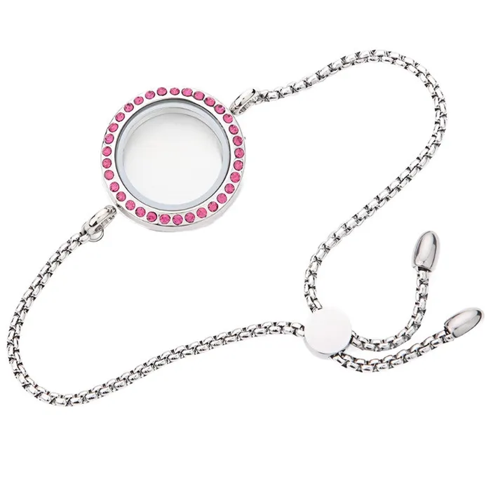 JE0192 Bracelets Glass Locket Bracelet Magnetic 30mm Round Pink Rhinestone 9 Stainless Steel