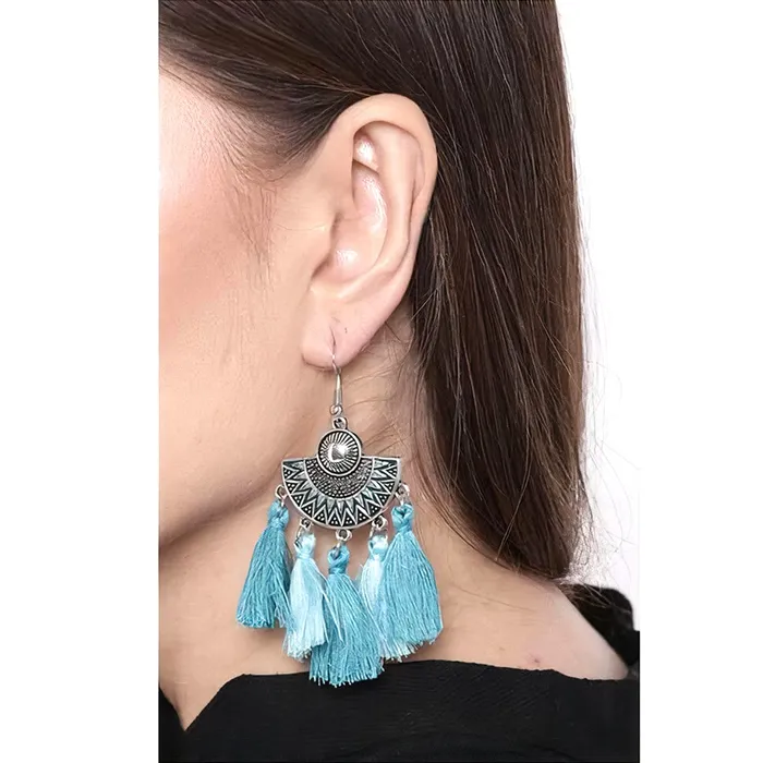 Kairangi Earrings Kairangi Earrings for Women and Girls Fashion Silver Oxidised Looks Green Fabric Tassel Earring Silver Tone Tassel Western Earrings Birthday Gift for Girls and Women Anniversary Gift for Wife