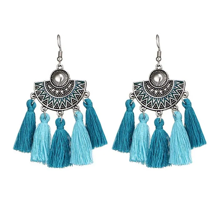Kairangi Earrings Kairangi Earrings for Women and Girls Fashion Silver Oxidised Looks Green Fabric Tassel Earring Silver Tone Tassel Western Earrings Birthday Gift for Girls and Women Anniversary Gift for Wife