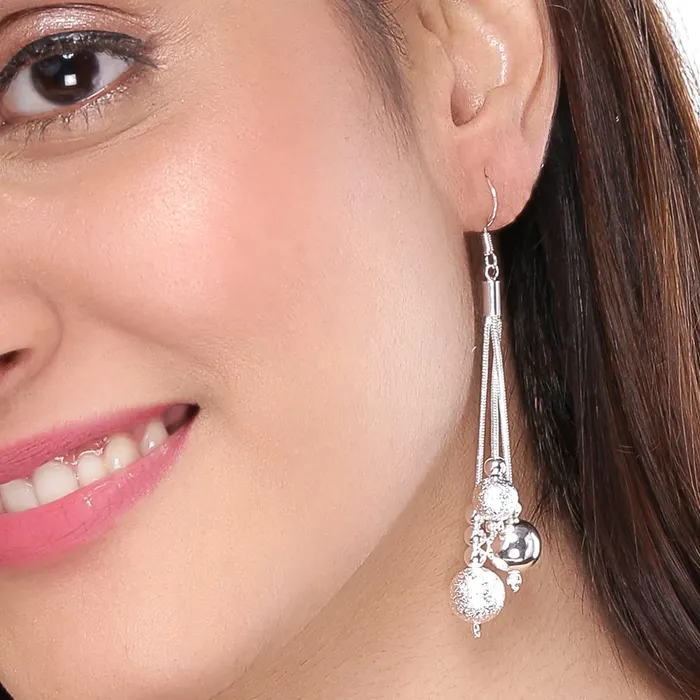 Kairangi Earrings Kairangi Earrings for Women and Girls Silver Dangler Earrings Silver Toned Threads with Beads Long Chain Danglers Earrings for Women Birthday Gift for girls and women Anniversary Gift for Wife