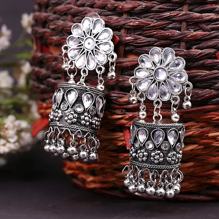 Kairangi Earrings Kairangi Oxidised Earrings for Women Traditional Silver Oxidised Floral Design Dome JhumkaJhumki Earrings for Women and Girls