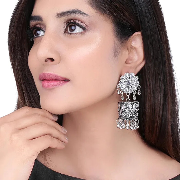 Kairangi Earrings Kairangi Oxidised Earrings for Women Traditional Silver Oxidised Floral Design Dome JhumkaJhumki Earrings for Women and Girls