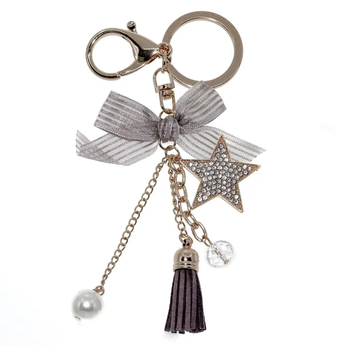 Keychain Rhinestone Grey Ribbon Star Dangle KC1006 Earrings
