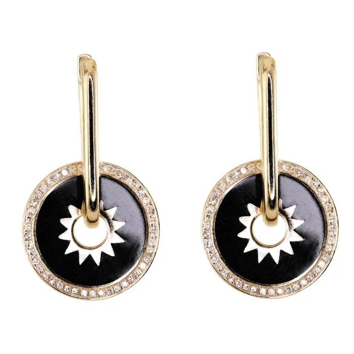 Luna Skye 14kt Gold and Diamond Black Enamel Burst Disk Earring Earrings