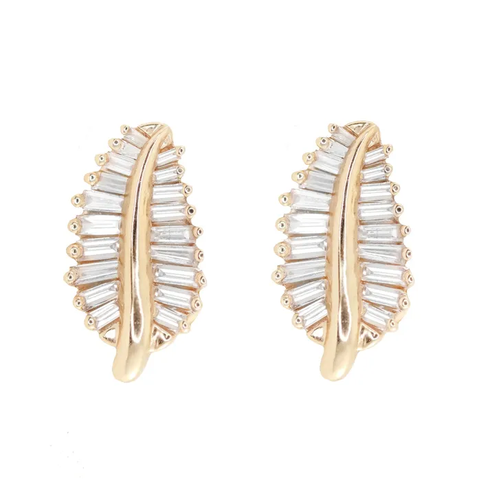 Luna Skye Earrings 14kt gold large baguette diamond leaf studs