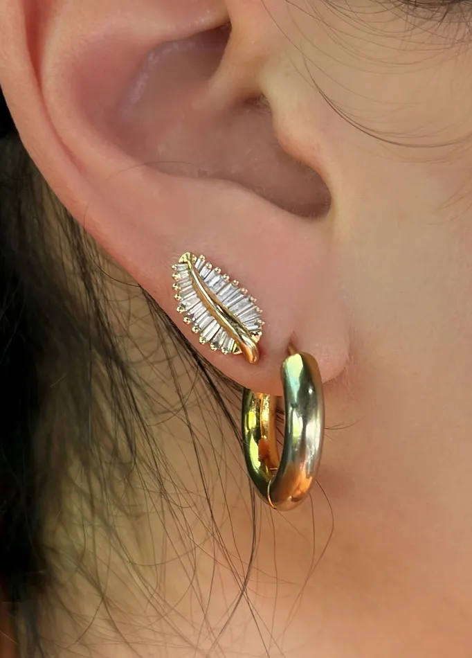 Luna Skye Earrings 14kt gold large baguette diamond leaf studs
