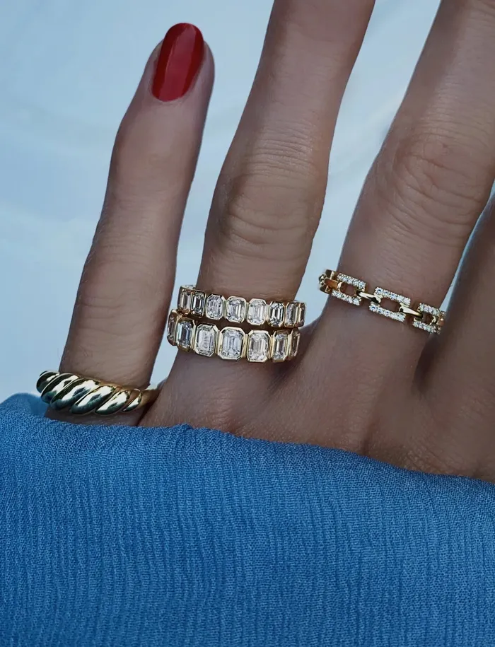 Luna Skye Rings 14kt gold petite emerald cut diamond bezel band