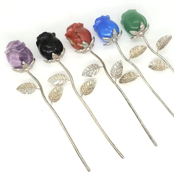 Metamorphidi Earrings Rose Flower Natural Stone Amethyst Quartz Gemstone