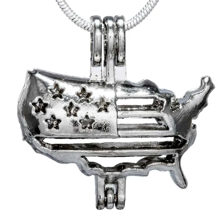 Necklaces CPSP041 Cage Pendant Silver Plated United States of America Flag