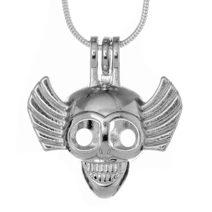 Necklaces CPSP147 Cage Pendant Silver Plated Flaming Skull Grinning