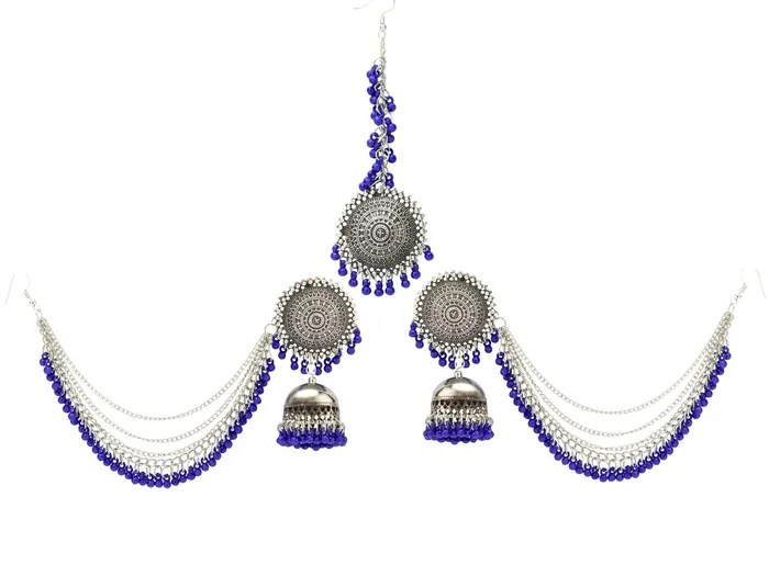 Necklaces Yellow Chimes German Oxidised Silver Antique Traditional Maang Tikka with Earrings Jewellery Set for Women and Girls Blue Yellow Chimes Necklaces Yellow Chimes German Oxidised Silver Antique Traditional Maang Tikka with Earrings Jewellery Set for Women and Girls Blue Yellow Chimes