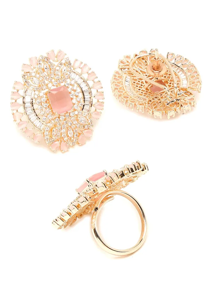 Necklaces Yellow Chimes Yellow Chimes American Diamond Earrings for Women RhodiumPlated RoseGold Toned ADStudded Geometric Ring With Earrings Set for Women and Girls