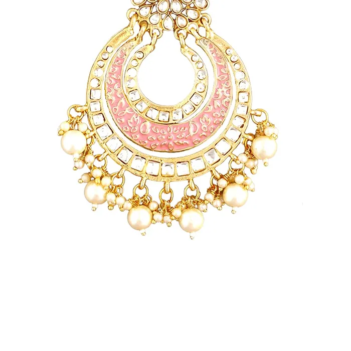 Necklaces Yellow Chimes Yellow Chimes Chandbali Earrings for Women Gold Plated Peach Meenakari Touch Traditional Kundan Studded Chand bali Earrings for Women and Girls