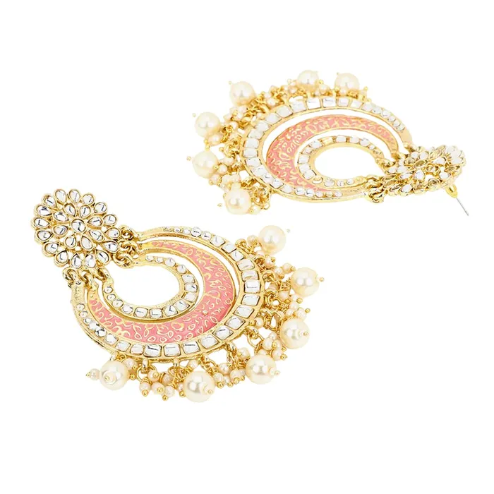 Necklaces Yellow Chimes Yellow Chimes Chandbali Earrings for Women Gold Plated Peach Meenakari Touch Traditional Kundan Studded Chand bali Earrings for Women and Girls