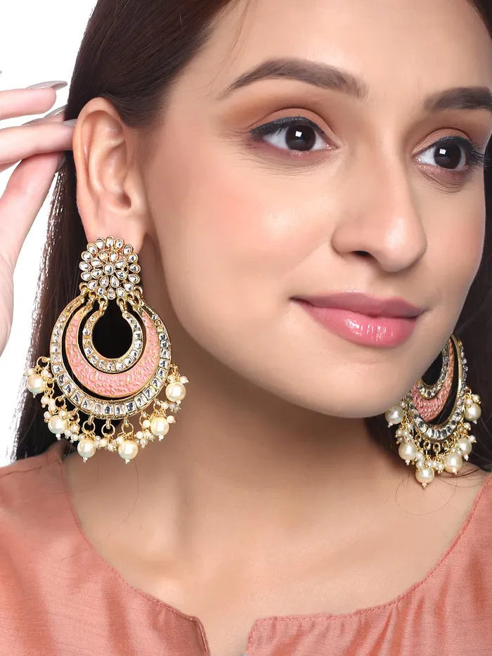 Necklaces Yellow Chimes Yellow Chimes Chandbali Earrings for Women Gold Plated Peach Meenakari Touch Traditional Kundan Studded Chand bali Earrings for Women and Girls