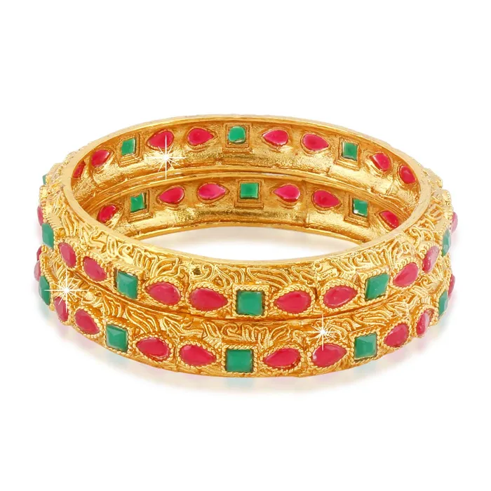 Necklaces Yellow Chimes Yellow Chimes Classic Design Studded Stones 2 PCs Traditional Gold Plated Bracelet Bangles Set for Women and Girls 24