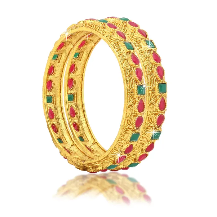 Necklaces Yellow Chimes Yellow Chimes Classic Design Studded Stones 2 PCs Traditional Gold Plated Bracelet Bangles Set for Women and Girls 24