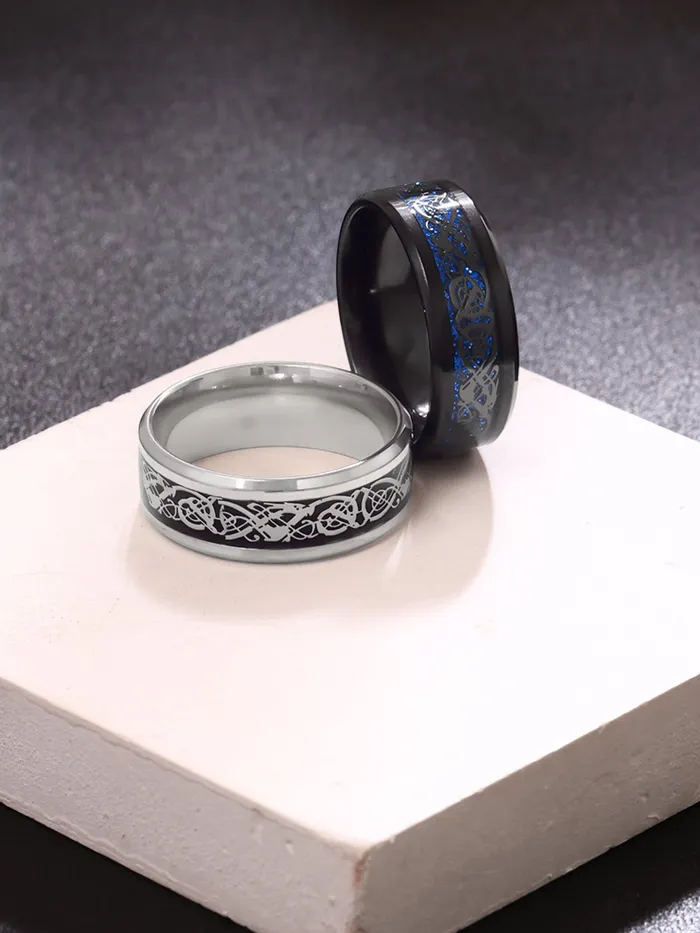 Necklaces Yellow Chimes Yellow Chimes Combo Black Silver Rings For Men Pack of 2 Stainless Steel Men Rings Dragon Celtic Design Black Silver Blue Finger Rings for Boys Ideal Gift For Men and Boys