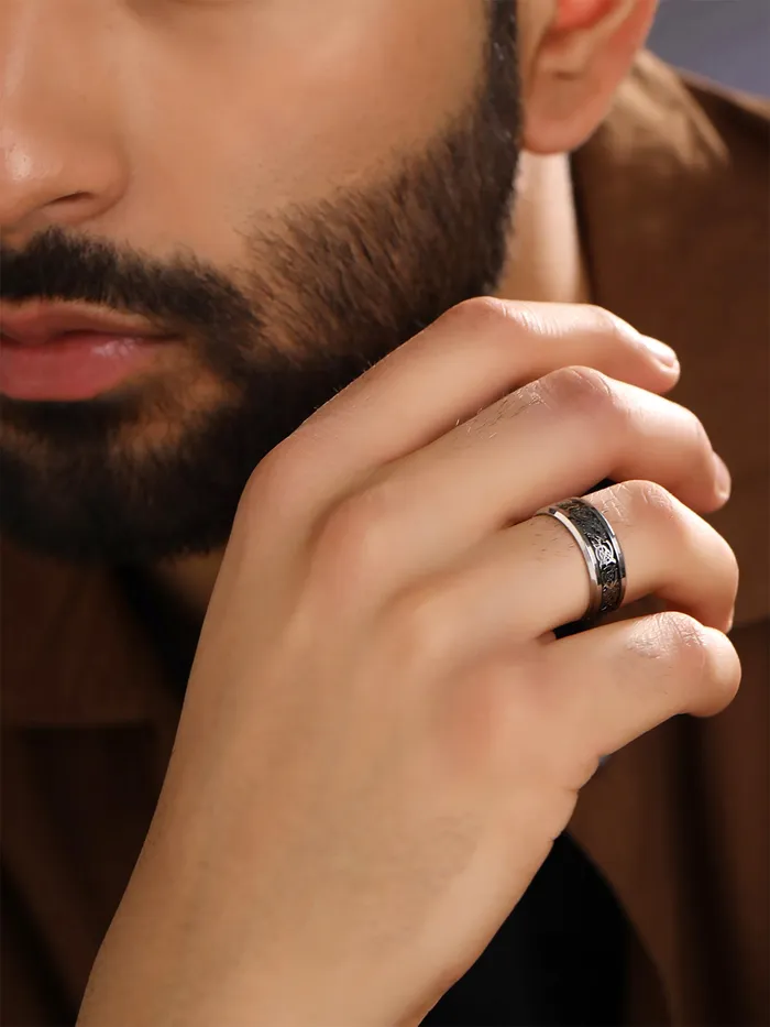 Necklaces Yellow Chimes Yellow Chimes Combo Black Silver Rings For Men Pack of 2 Stainless Steel Men Rings Dragon Celtic Design Black Silver Blue Finger Rings for Boys Ideal Gift For Men and Boys