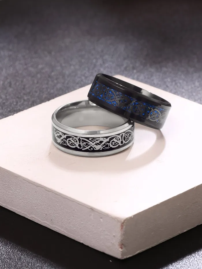 Necklaces Yellow Chimes Yellow Chimes Combo Black Silver Rings For Men Pack of 2 Stainless Steel Men Rings Dragon Celtic Design Black Silver Blue Finger Rings for Boys Ideal Gift For Men and Boys