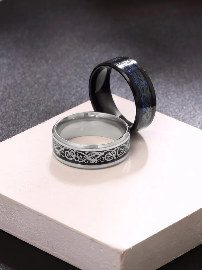 Necklaces Yellow Chimes Yellow Chimes Combo Black Silver Rings For Men Pack of 2 Stainless Steel Men Rings Dragon Celtic Design Black Silver Blue Finger Rings for Boys Ideal Gift For Men and Boys