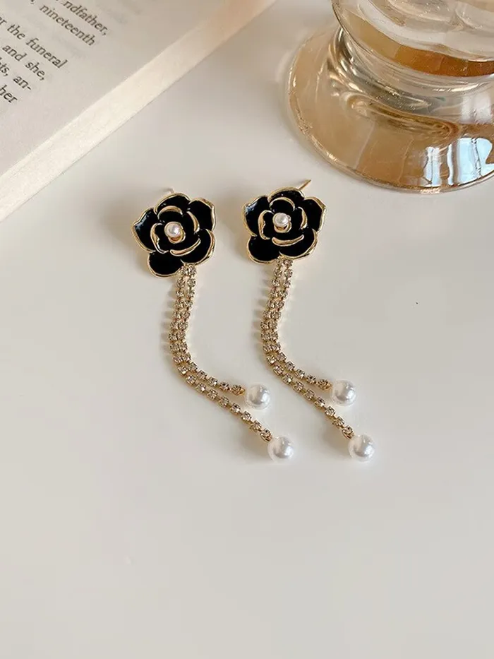 Necklaces Yellow Chimes Yellow Chimes Earrings For Women Black Flower Stud With Linear Chain Hanging Pearl Drop Dangler Earrings For Women and Girls