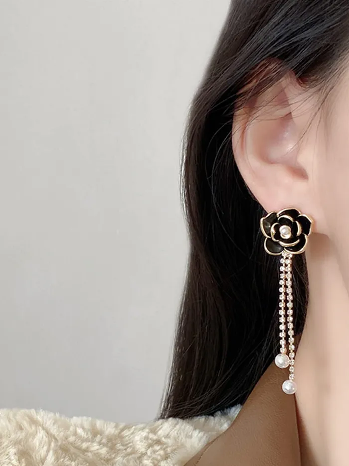 Necklaces Yellow Chimes Yellow Chimes Earrings For Women Black Flower Stud With Linear Chain Hanging Pearl Drop Dangler Earrings For Women and Girls