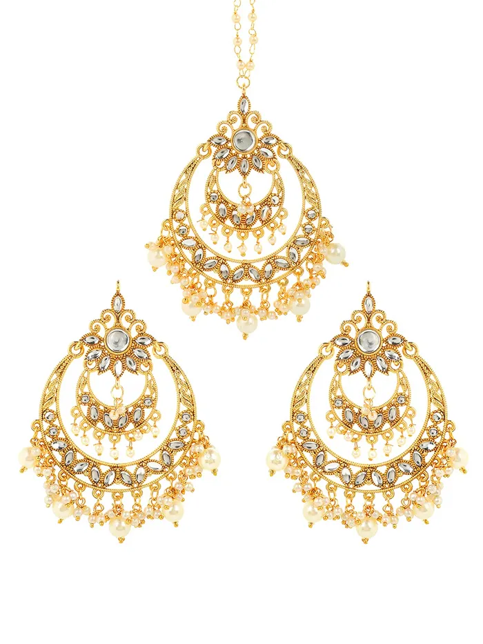 Necklaces Yellow Chimes Yellow Chimes Ethnic Gold Plated Traditional Kundan Studded Pearl Chandbali Earrings with Maangtikka for Women and Girls Medium YCTJER05KUDULCHGL Necklaces Yellow Chimes Yellow Chimes Ethnic Gold Plated Traditional Kundan Studded Pearl Chandbali Earrings with Maangtikka for Women and Girls Medium YCTJER05KUDULCHGL