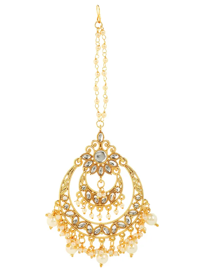 Necklaces Yellow Chimes Yellow Chimes Ethnic Gold Plated Traditional Kundan Studded Pearl Chandbali Earrings with Maangtikka for Women and Girls Medium YCTJER05KUDULCHGL