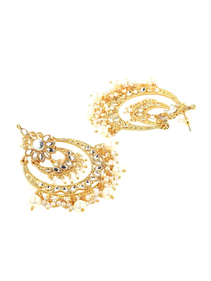 Necklaces Yellow Chimes Yellow Chimes Ethnic Gold Plated Traditional Kundan Studded Pearl Chandbali Earrings with Maangtikka for Women and Girls Medium YCTJER05KUDULCHGL