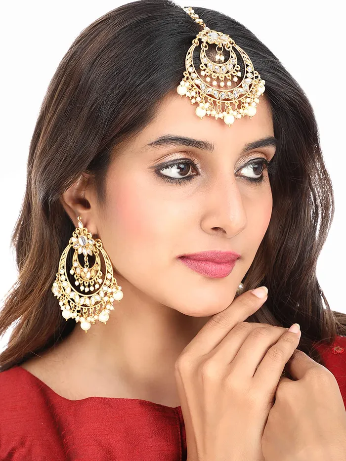 Necklaces Yellow Chimes Yellow Chimes Ethnic Gold Plated Traditional Kundan Studded Pearl Chandbali Earrings with Maangtikka for Women and Girls Medium YCTJER05KUDULCHGL