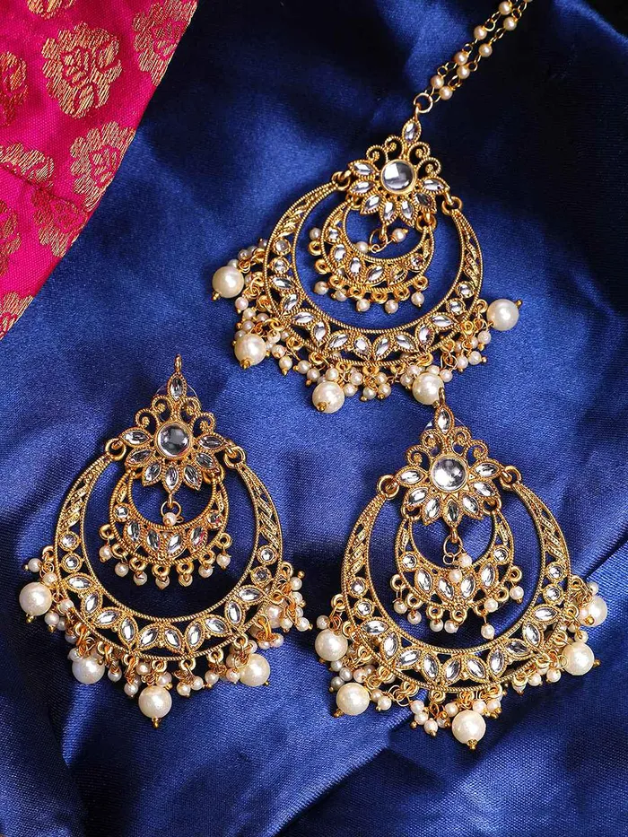 Necklaces Yellow Chimes Yellow Chimes Ethnic Gold Plated Traditional Kundan Studded Pearl Chandbali Earrings with Maangtikka for Women and Girls Medium YCTJER05KUDULCHGL