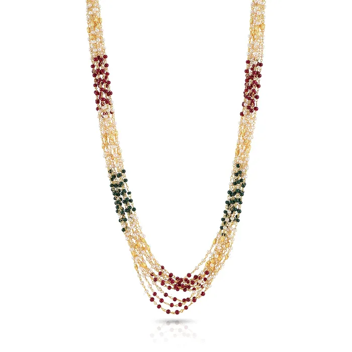 Necklaces Yellow Chimes Yellow Chimes Ganthan Moti Handmade Pearl Multilayer Beads Gold Plated Traditional Long Chain Necklace Set with Earrings Jewellery Set for Women and Girls