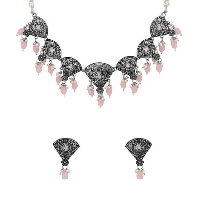 Necklaces Yellow Chimes Yellow Chimes Jewellery Set for Women and Girls Choker Set for Women Silver Tone Pink Beads Drop Choker Necklace Set for Women Birthday Gift For Girls and Women Anniversary Gift for Wife