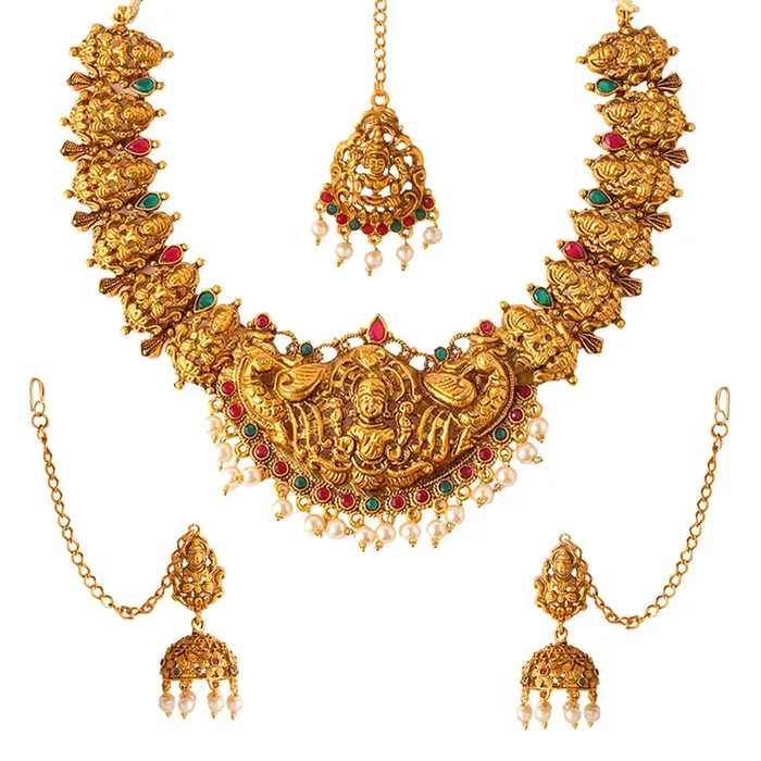 Necklaces Yellow Chimes Yellow Chimes Jewellery Set for Women Gold Plated Traditional Temple Jewellery Set Antique Necklace Set with Earrings and Maangtikka for Women and Girls Necklaces Yellow Chimes Yellow Chimes Jewellery Set for Women Gold Plated Traditional Temple Jewellery Set Antique Necklace Set with Earrings and Maangtikka for Women and Girls