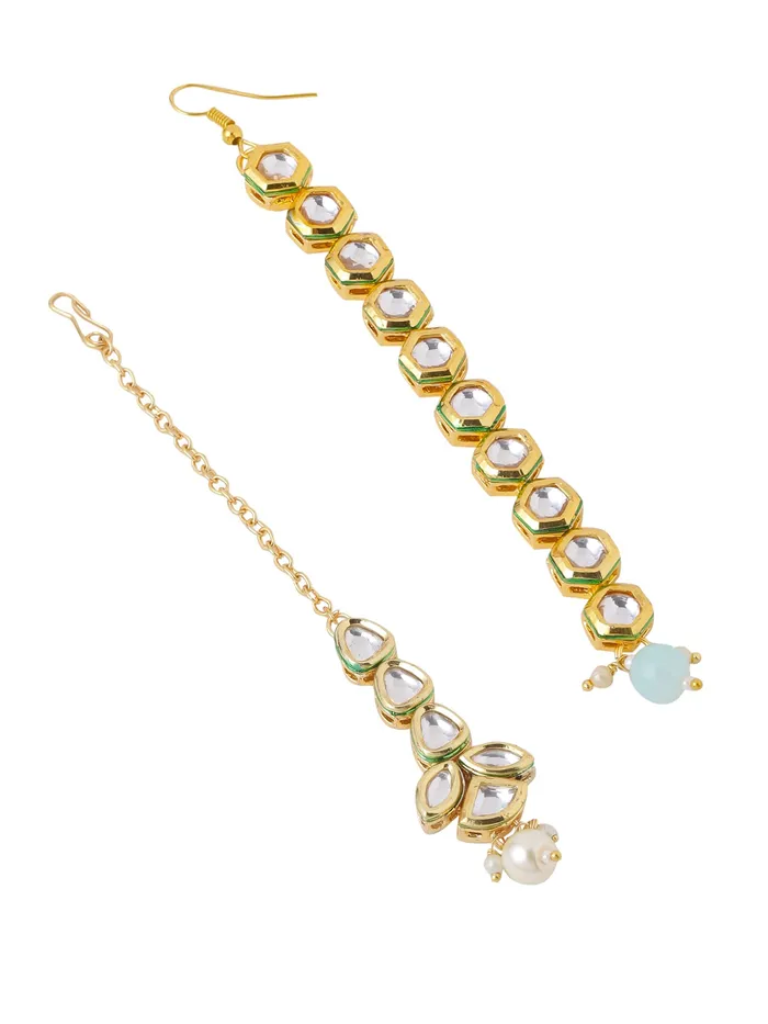 Necklaces Yellow Chimes Yellow Chimes Maangtikka for Women Gold Toned 2 Pcs of Kundan Studded Single Line Designed Pearl Drop Maangtikka for Women and Girls