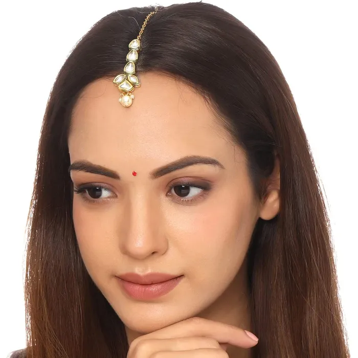 Necklaces Yellow Chimes Yellow Chimes Maangtikka for Women Gold Toned 2 Pcs of Kundan Studded Single Line Designed Pearl Drop Maangtikka for Women and Girls